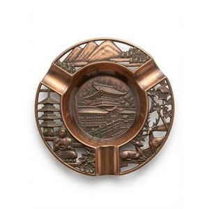 Vintage Nara Japan Copper Ashtray | Pierced Deer Temple Buddha Pagoda